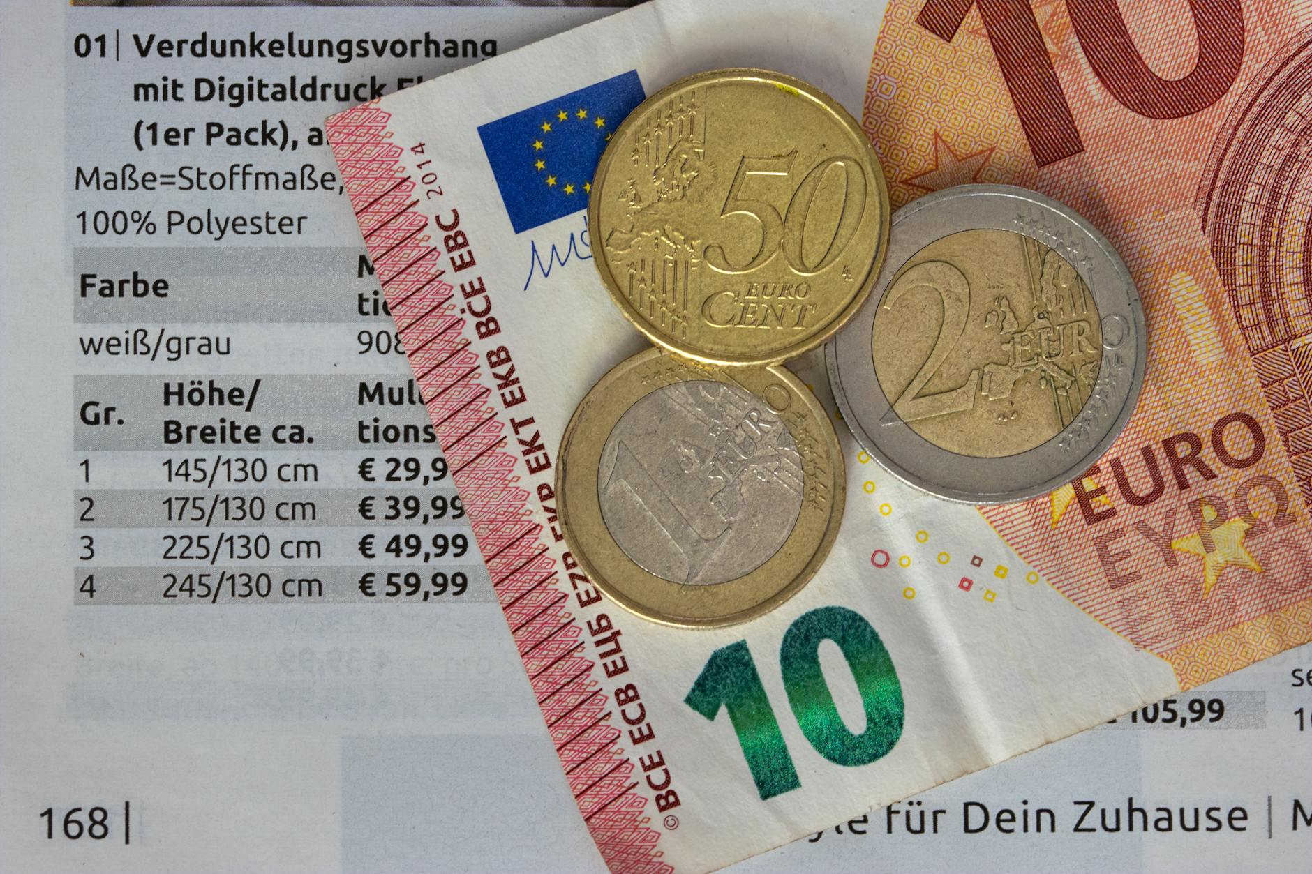 Monety i banknoty euro leżące na cenniku usług